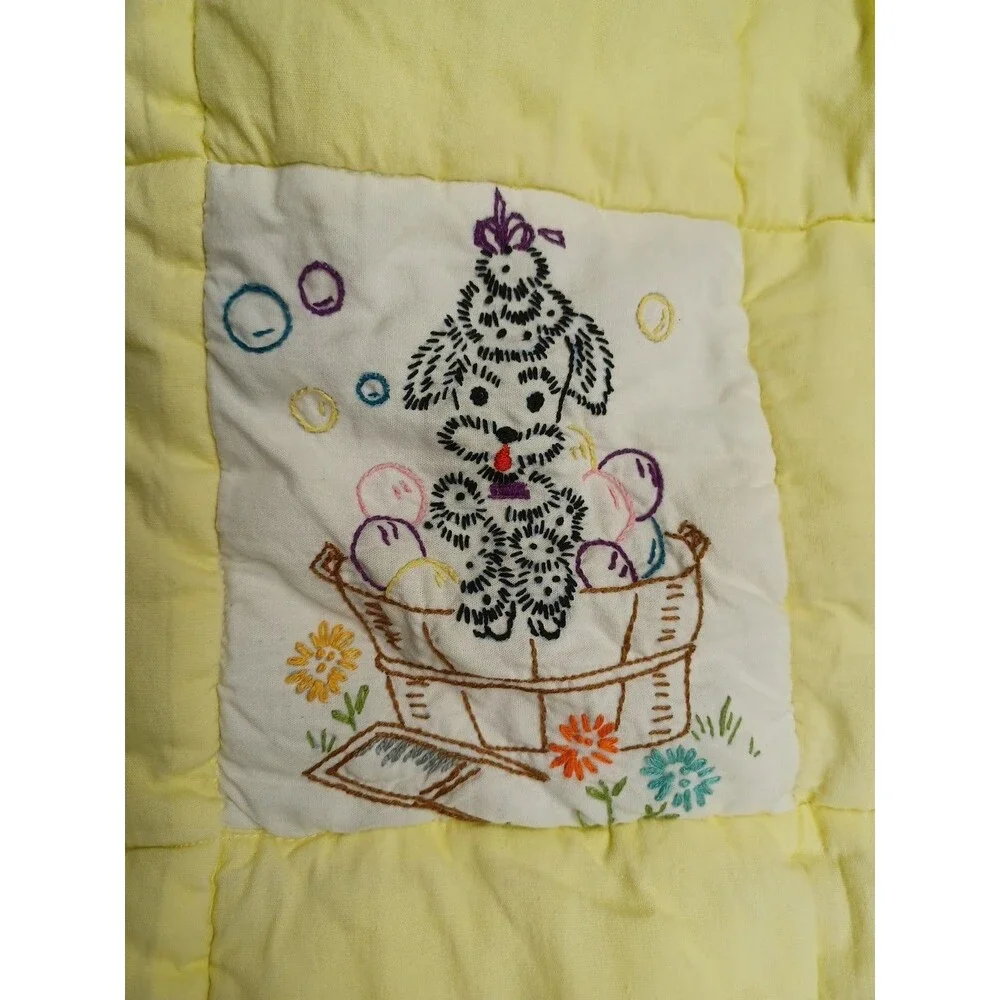 Vtg 70's Quilted Baby Crib Quilt Yellow Animals Embroidery Unisex 48x30